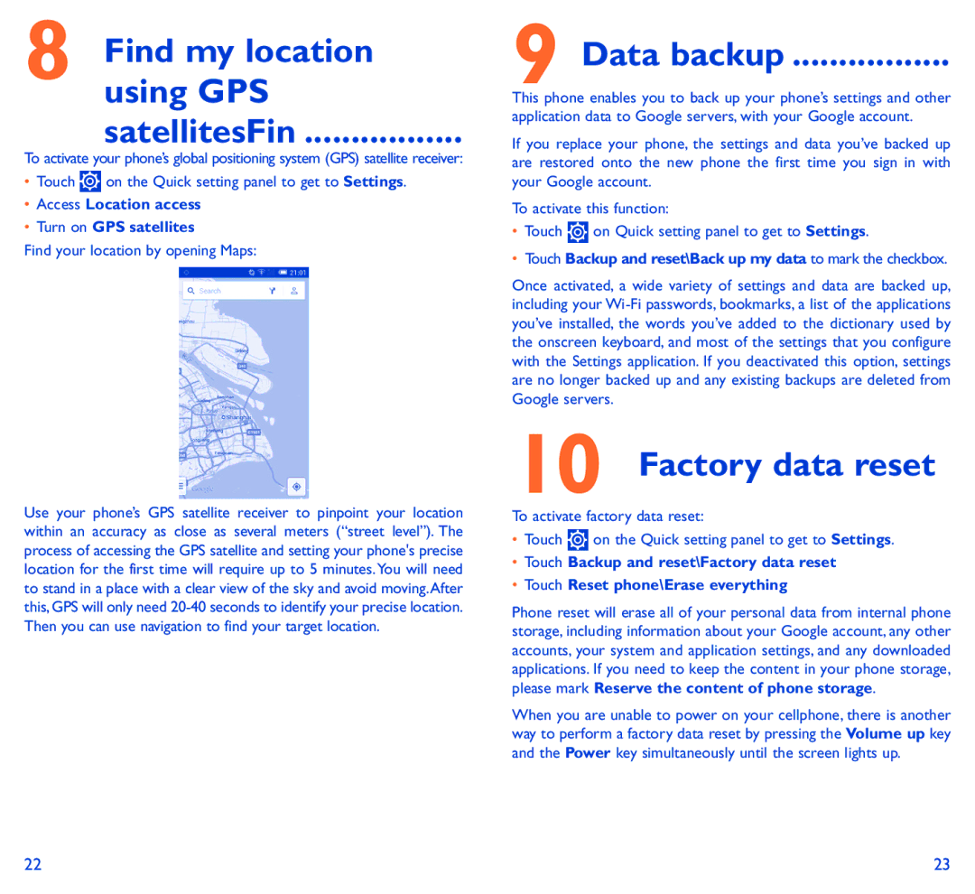 Alcatel 6037B manual Find my location using GPS satellitesFin, Data backup, Factory data reset 