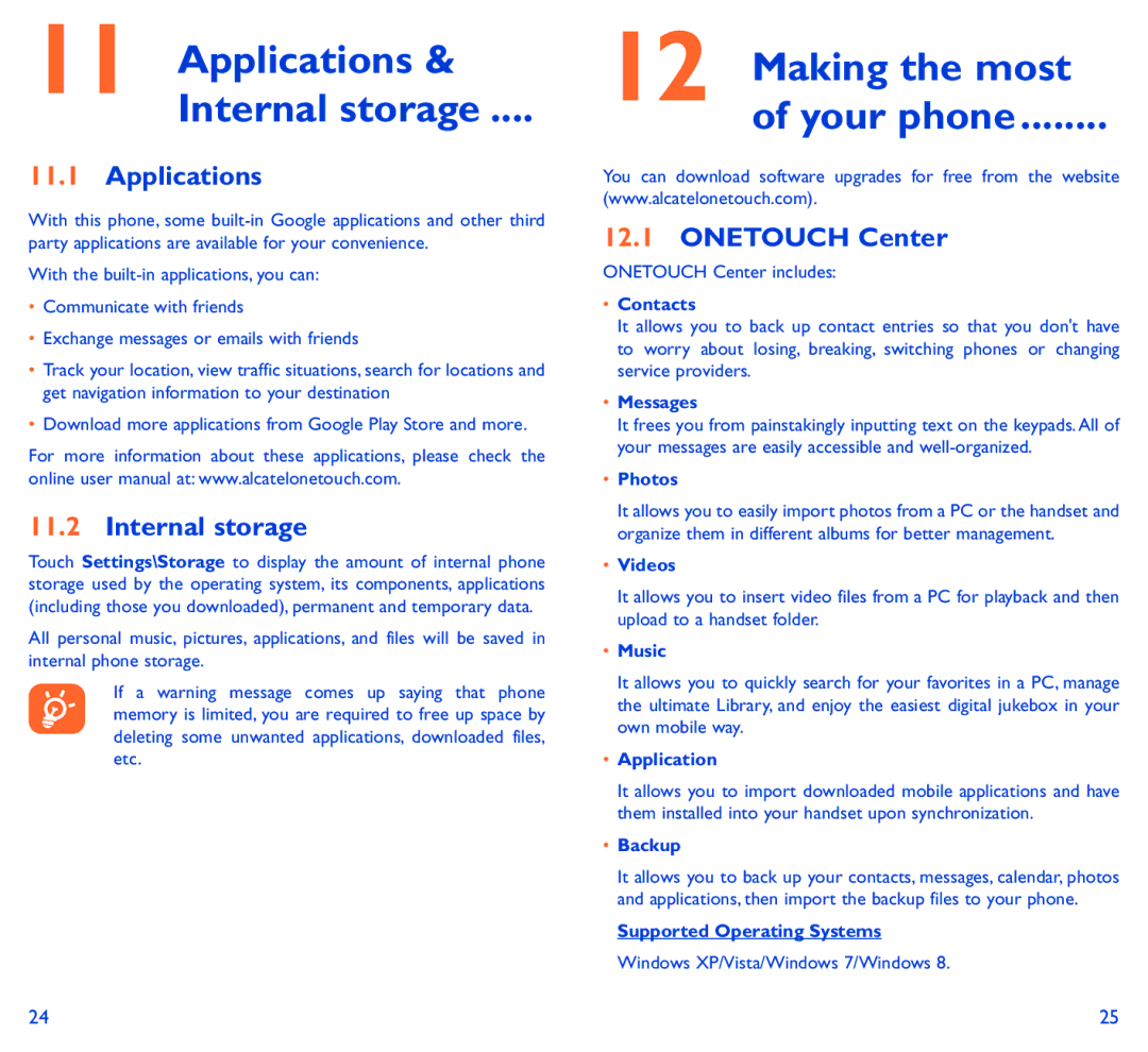 Alcatel 6037B manual Applications Internal storage, Making the most Your phone, Onetouch Center 