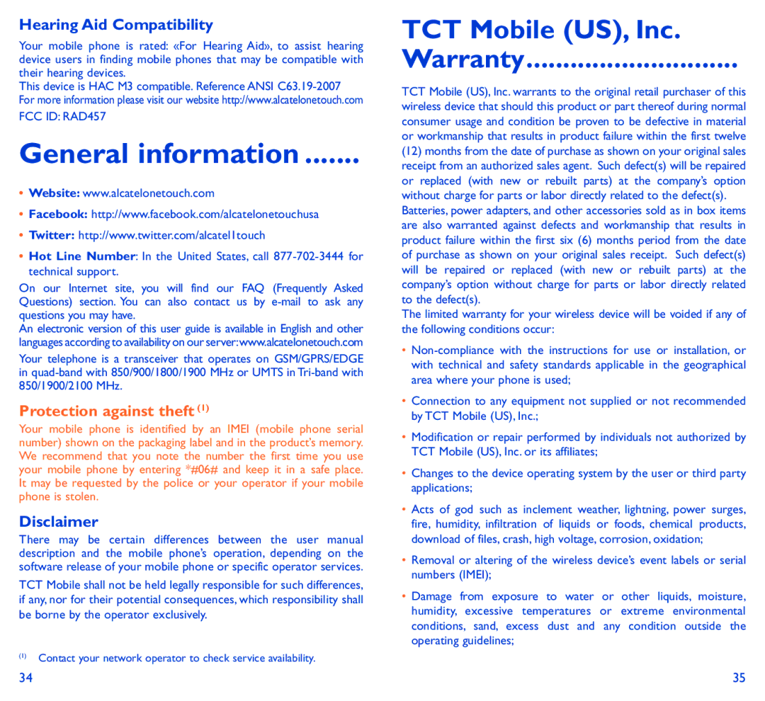 Alcatel 6037B manual TCT Mobile US, Inc Warranty, Hearing Aid Compatibility, Disclaimer 