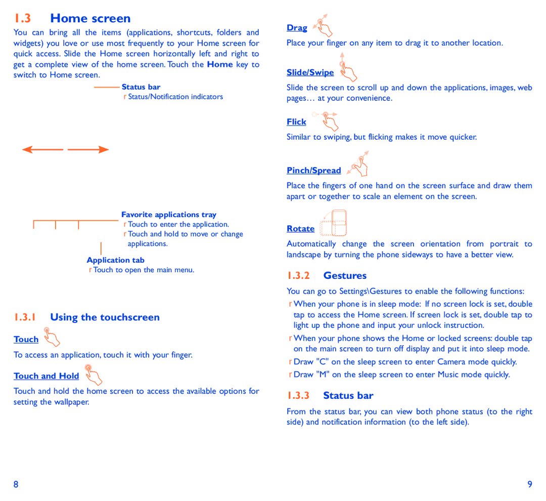 Alcatel 6037B manual Home screen, Using the touchscreen, Gestures, Status bar 