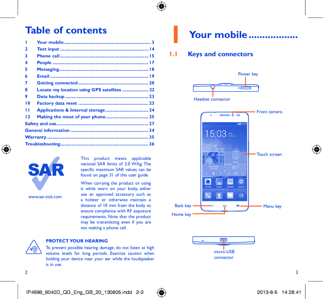 Alcatel 6040D manual Table of contents, Your mobile 