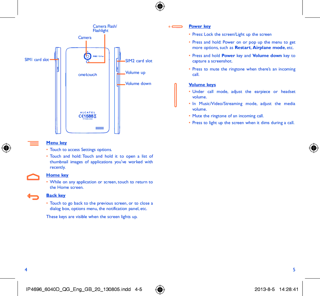 Alcatel 6040D manual Power key, Volume keys, Menu key, Home key, Back key 