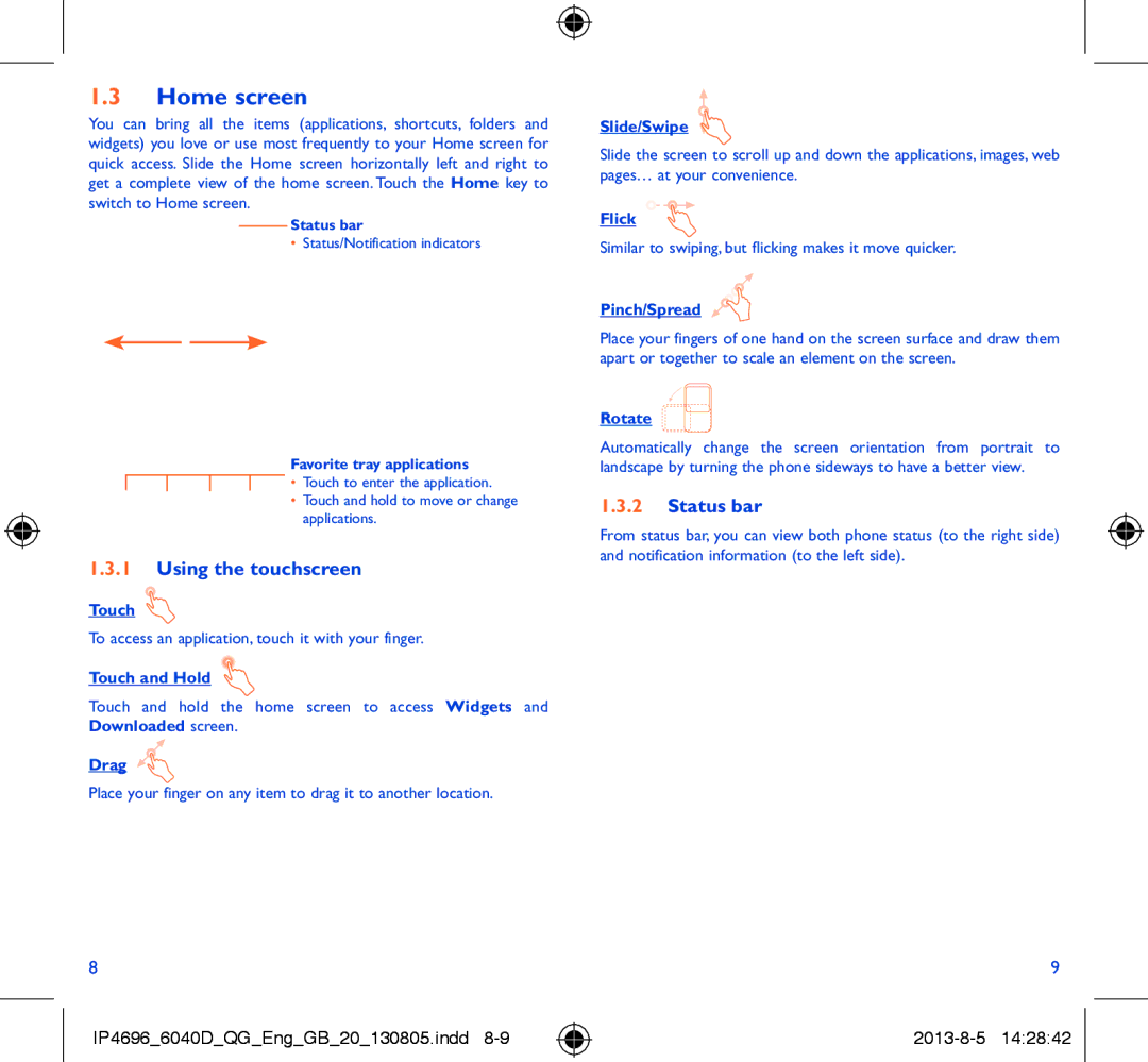 Alcatel 6040D manual Home screen, Using the touchscreen, Status bar 