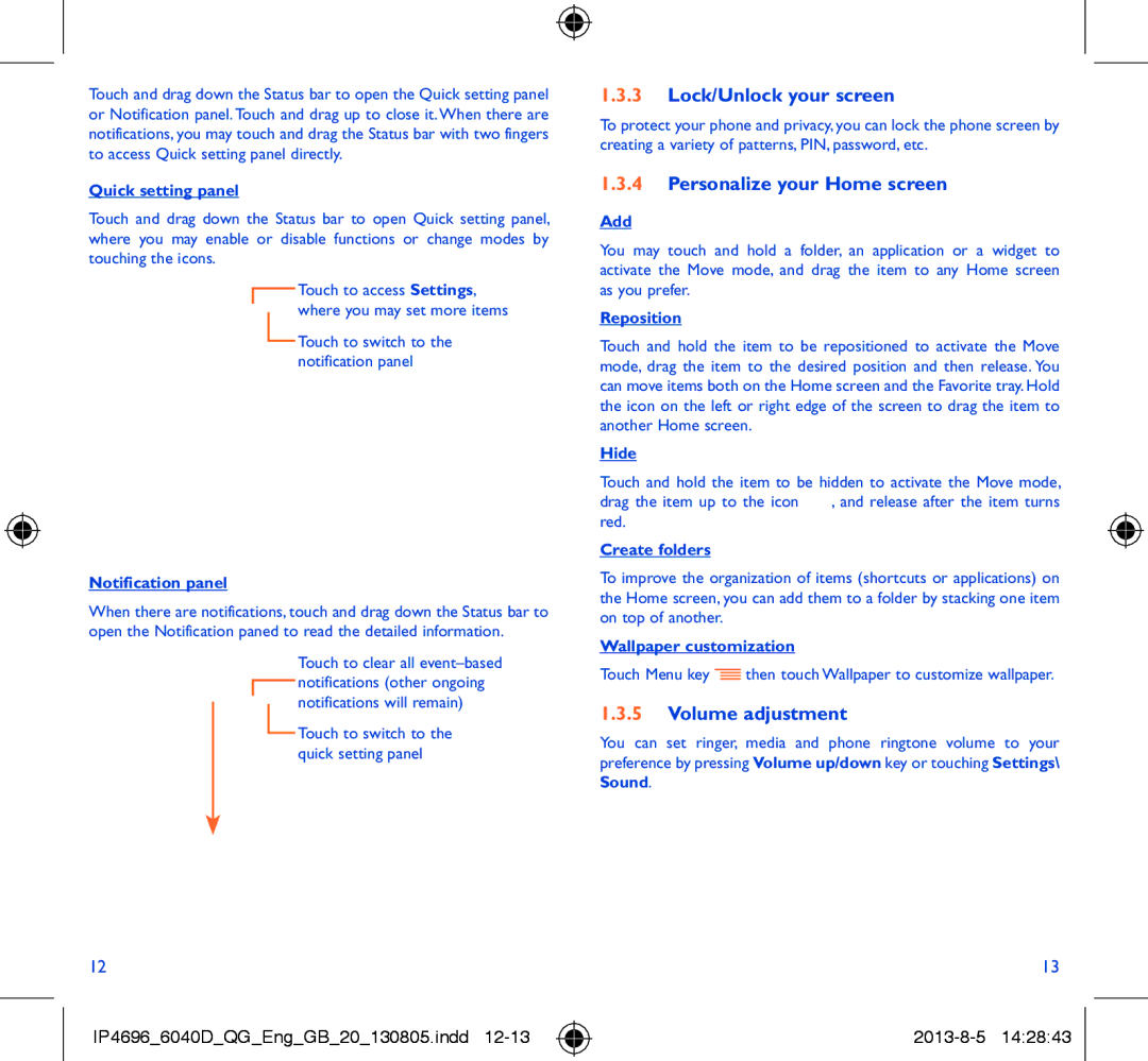 Alcatel 6040D manual Lock/Unlock your screen, Personalize your Home screen, Volume adjustment 