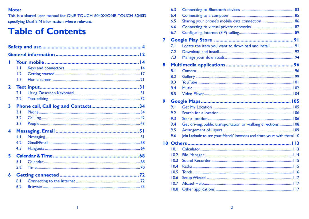 Alcatel 6040D, 6040X manual Table of Contents 