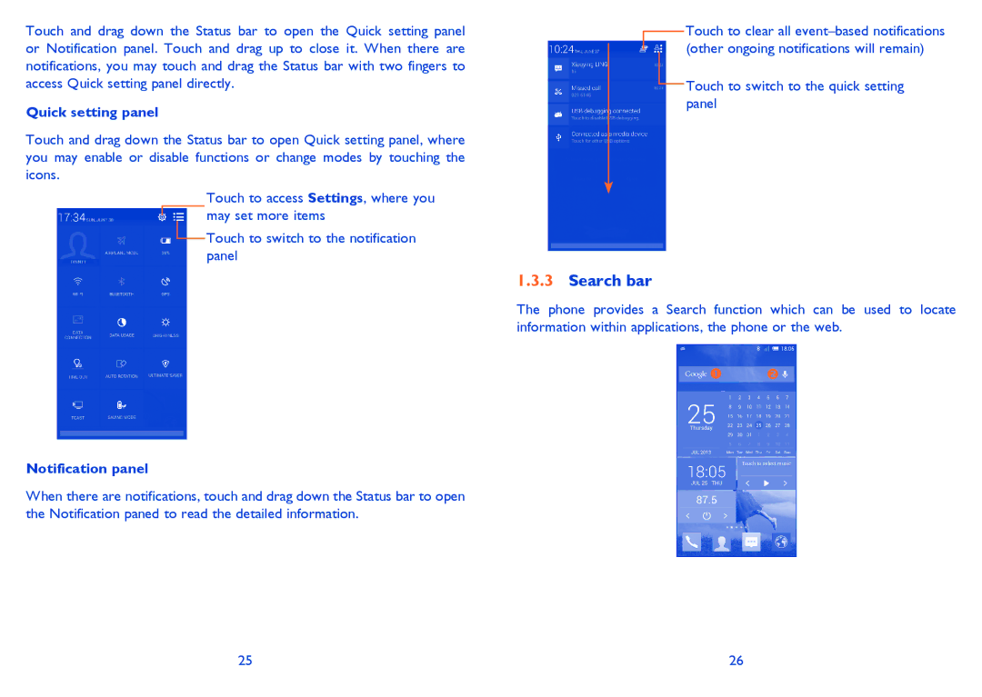 Alcatel 6040D, 6040X manual Search bar, Quick setting panel, Notification panel 