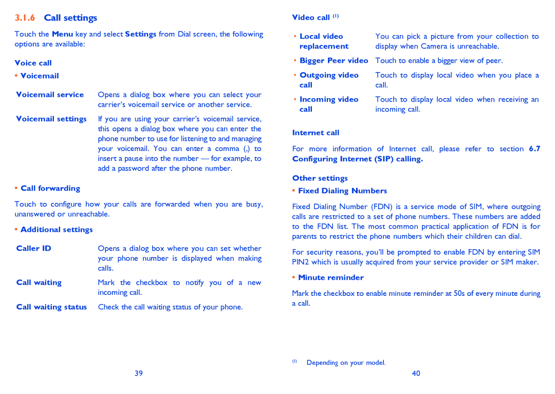 Alcatel 6040X, 6040D manual Call settings 