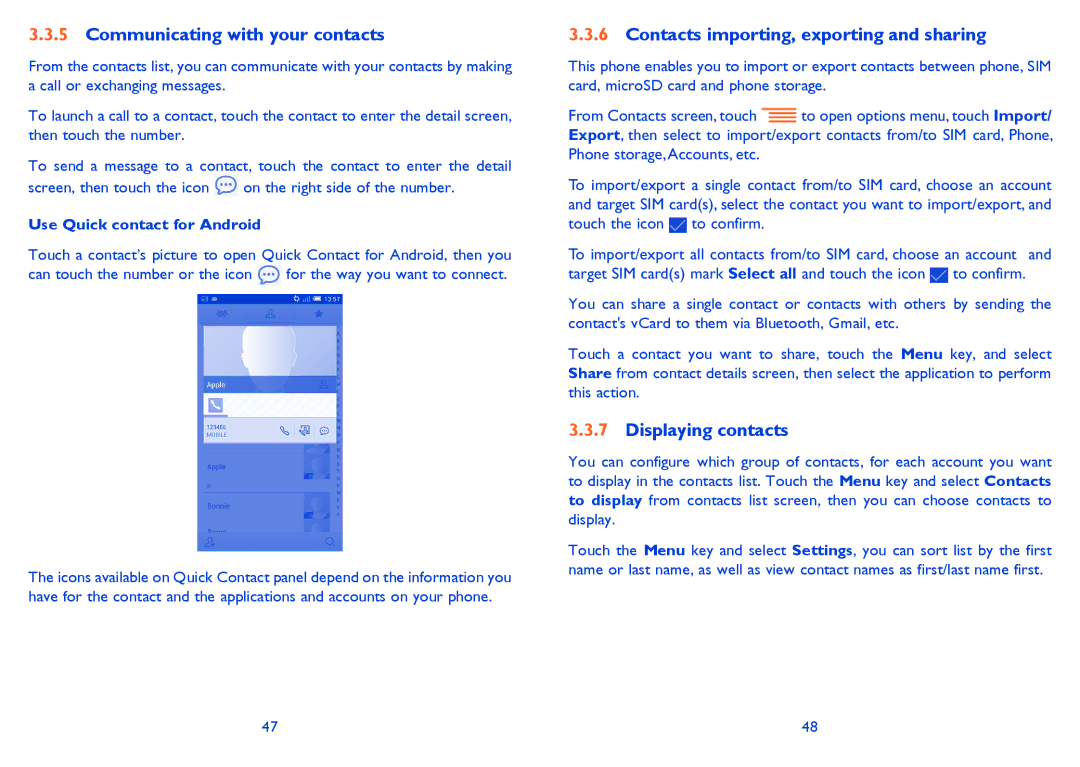 Alcatel 6040X, 6040D manual Communicating with your contacts, Contacts importing, exporting and sharing, Displaying contacts 