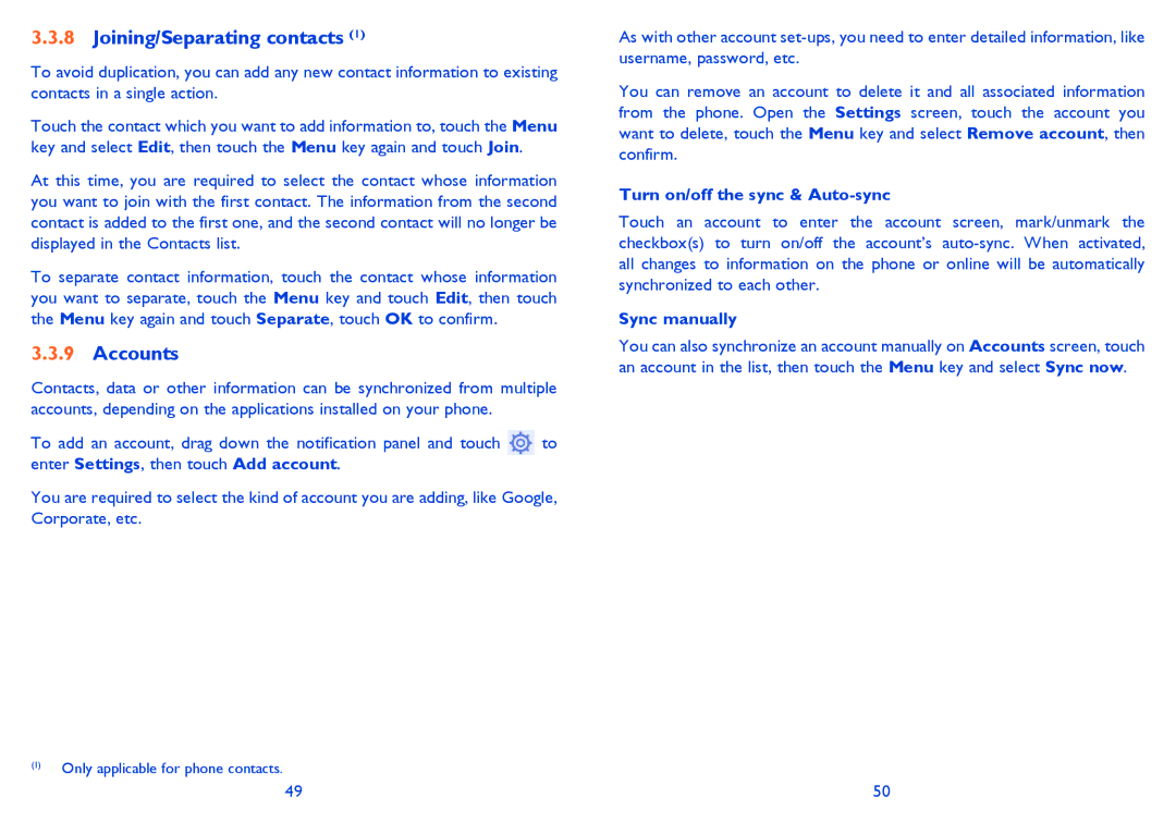 Alcatel 6040D, 6040X Joining/Separating contacts, Accounts, Turn on/off the sync & Auto-sync, Sync manually 