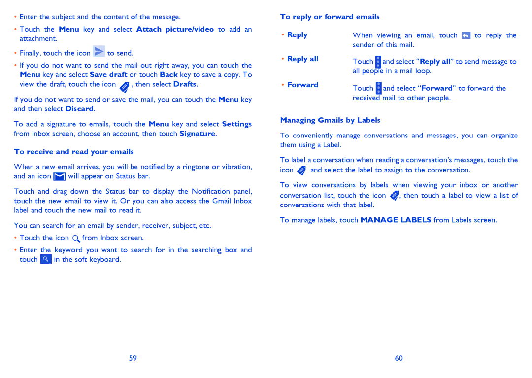 Alcatel 6040X, 6040D To receive and read your emails, To reply or forward emails, Reply all, Managing Gmails by Labels 