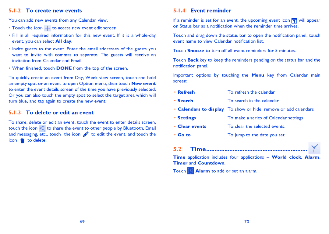 Alcatel 6040D, 6040X manual To create new events, To delete or edit an event, Event reminder, Time 