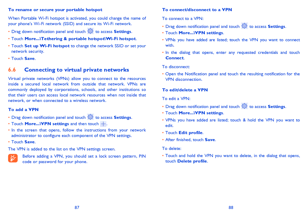 Alcatel 6040X, 6040D manual Connecting to virtual private networks 