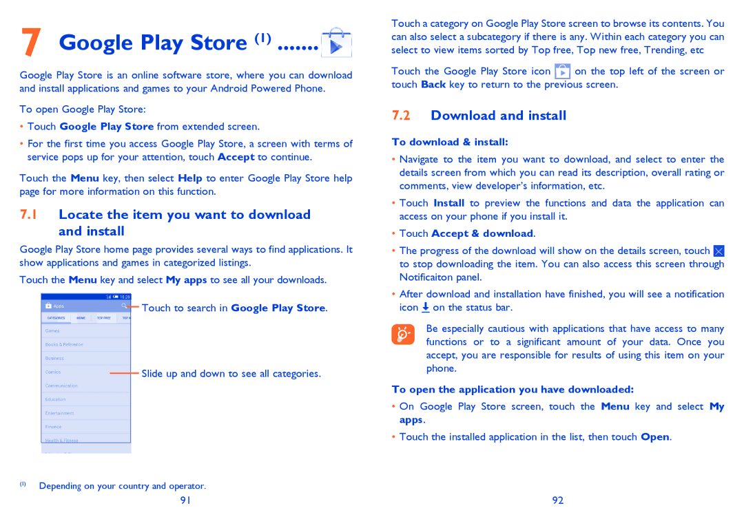 Alcatel 6040X, 6040D manual Google Play Store, Locate the item you want to download and install, Download and install 