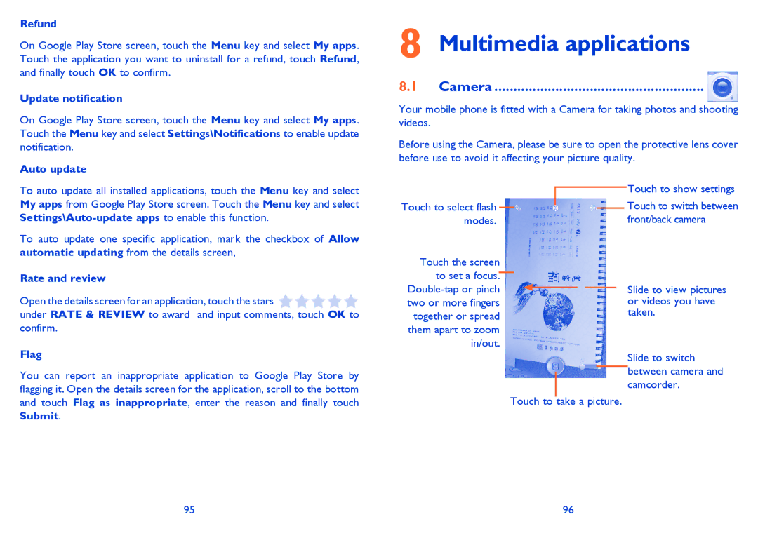 Alcatel 6040X, 6040D manual Multimedia applications, Camera 