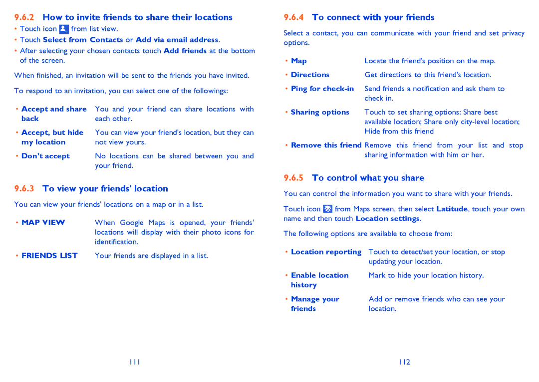 Alcatel 6040X How to invite friends to share their locations, To view your friends location, To connect with your friends 