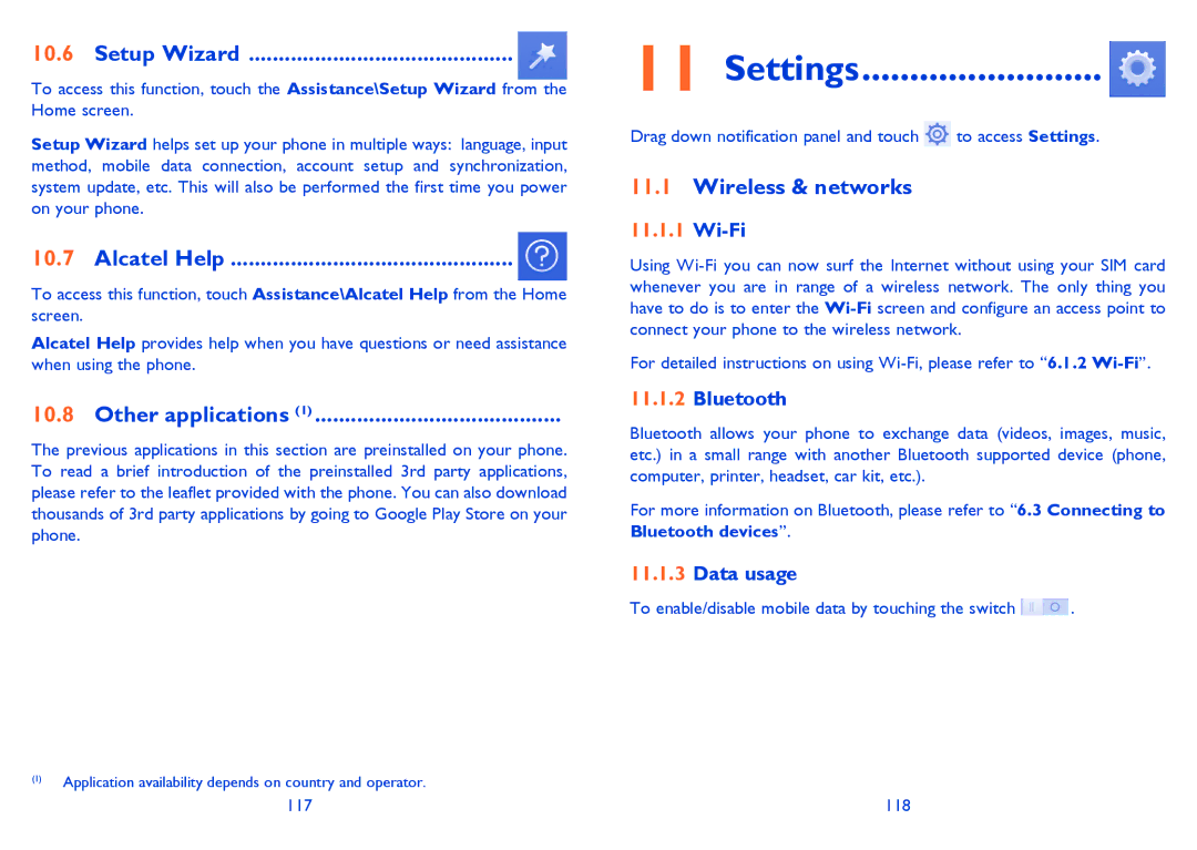 Alcatel 6040D, 6040X manual Settings, Setup Wizard, Alcatel Help, Other applications, Wireless & networks 