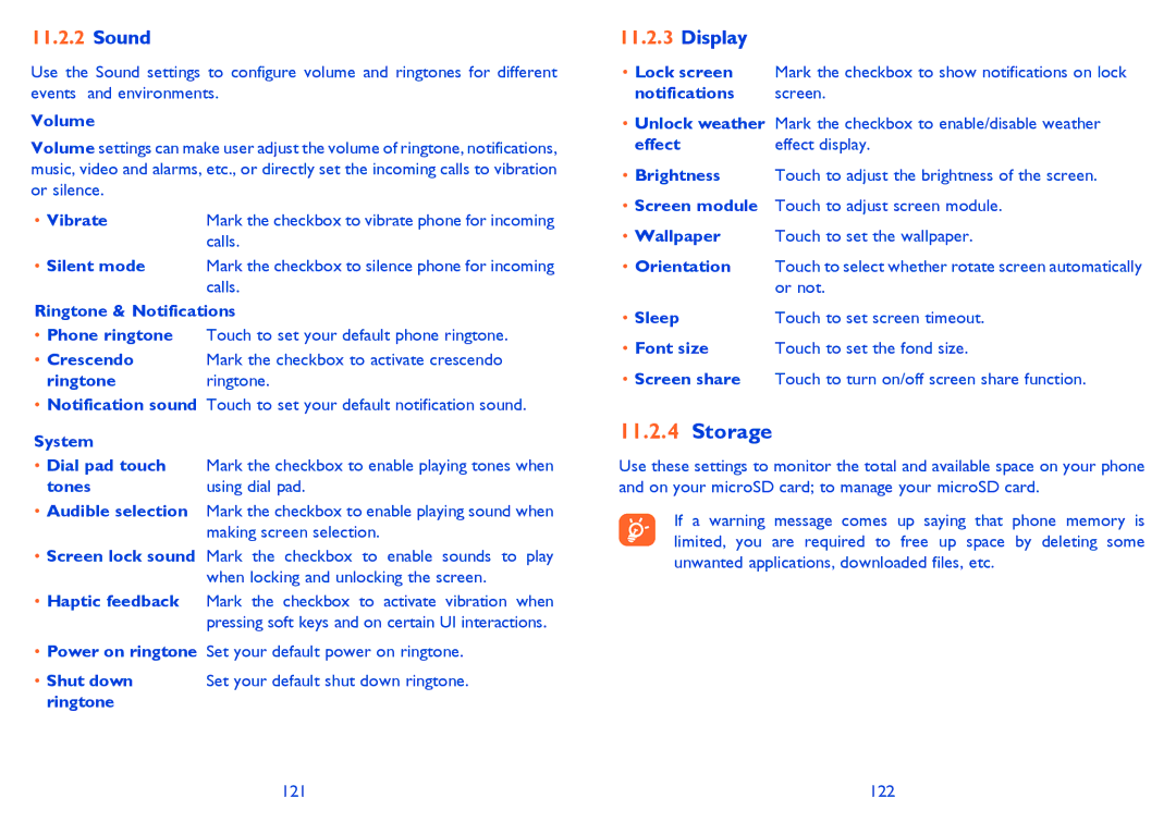 Alcatel 6040D, 6040X manual Storage, Sound, Display 