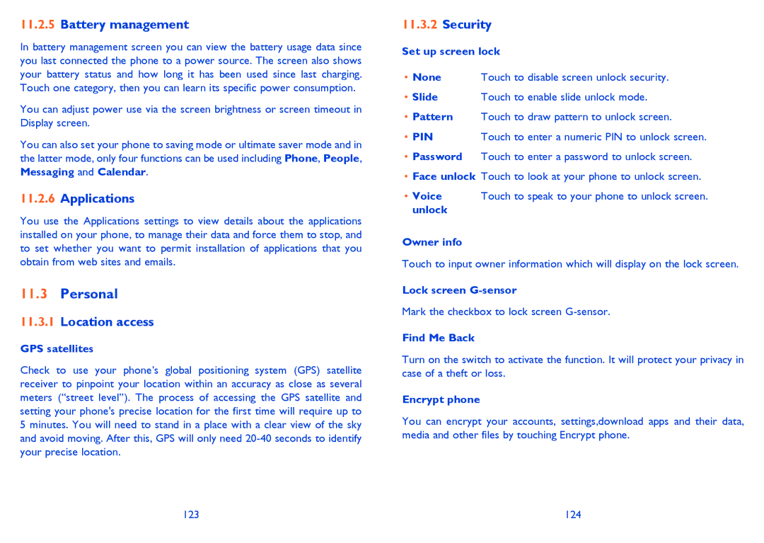 Alcatel 6040X, 6040D manual Personal, Battery management, Applications, Location access, Security 