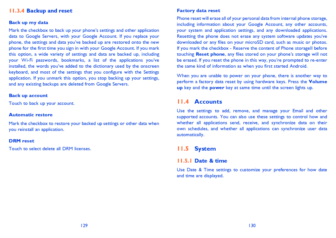 Alcatel 6040D, 6040X manual Accounts, System, Backup and reset, Date & time 