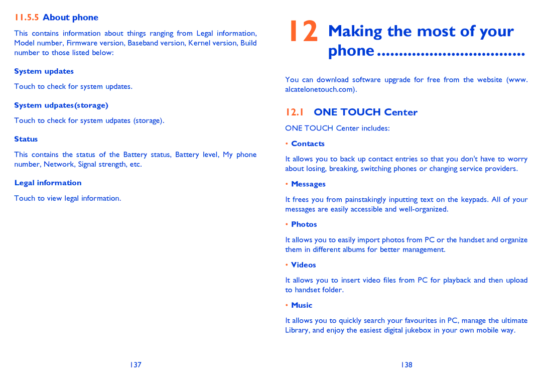 Alcatel 6040D, 6040X manual Making the most of your Phone, ONE Touch Center, About phone 