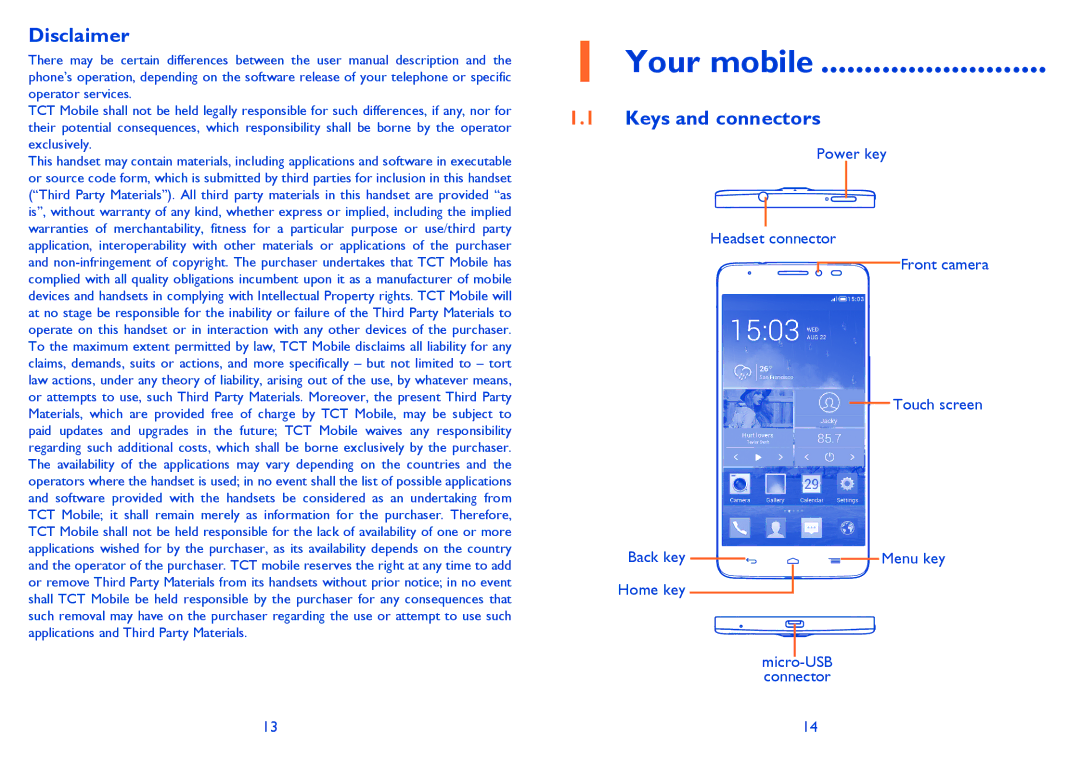Alcatel 6040D, 6040X manual Your mobile, Disclaimer, Keys and connectors 
