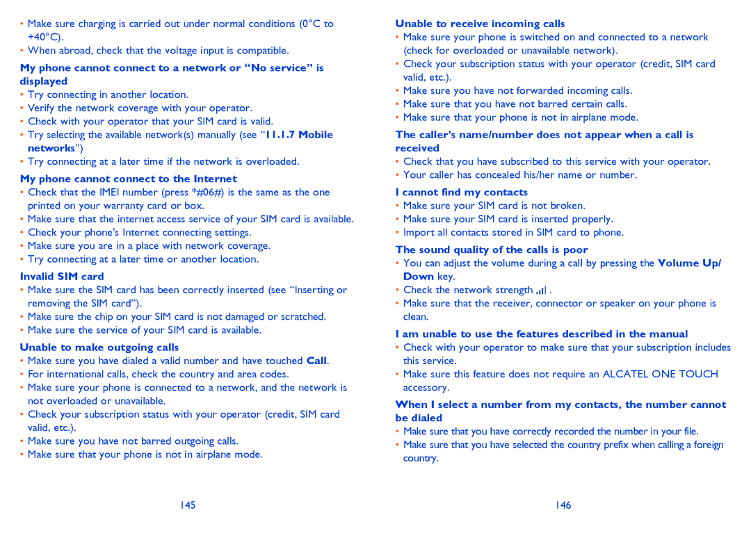 Alcatel 6040D, 6040X manual My phone cannot connect to the Internet, Invalid SIM card, Unable to make outgoing calls 