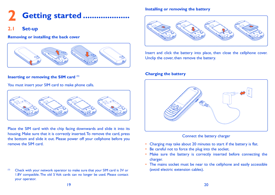 Alcatel 606A manual Getting started, Set-up, Installing or removing the battery, Charging the battery 