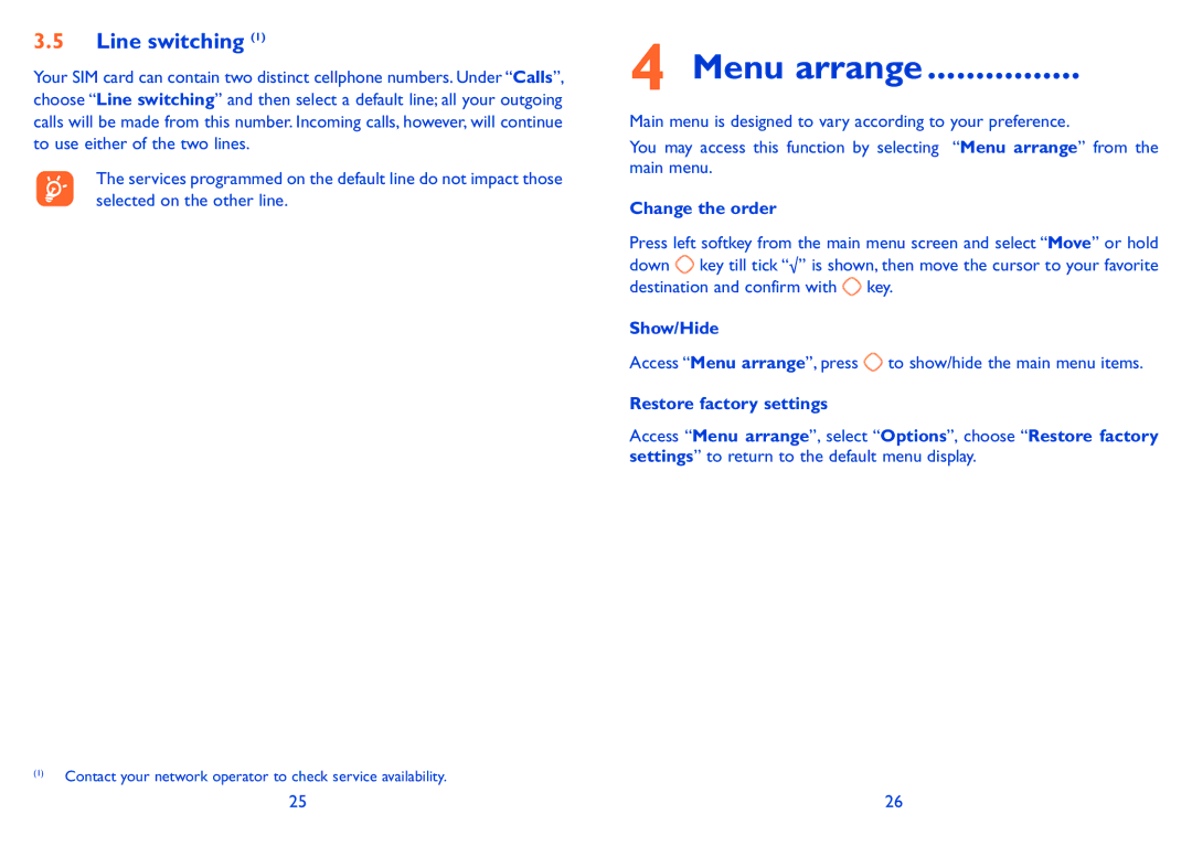 Alcatel 606A manual Menu arrange, Line switching, Change the order, Show/Hide, Restore factory settings 