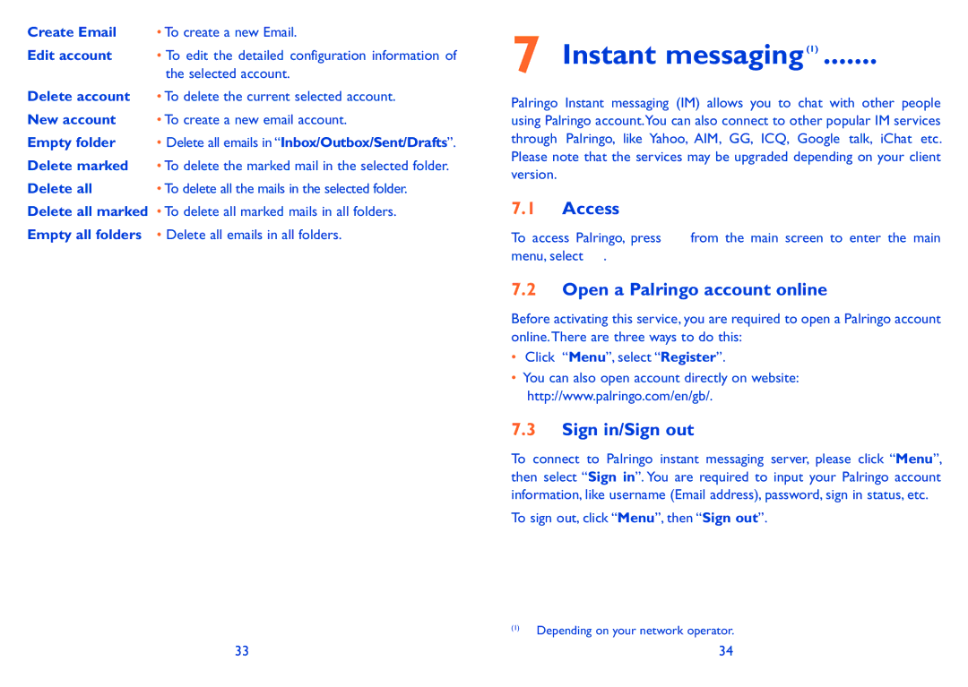 Alcatel 606A manual Instant messaging1, Open a Palringo account online, Sign in/Sign out 