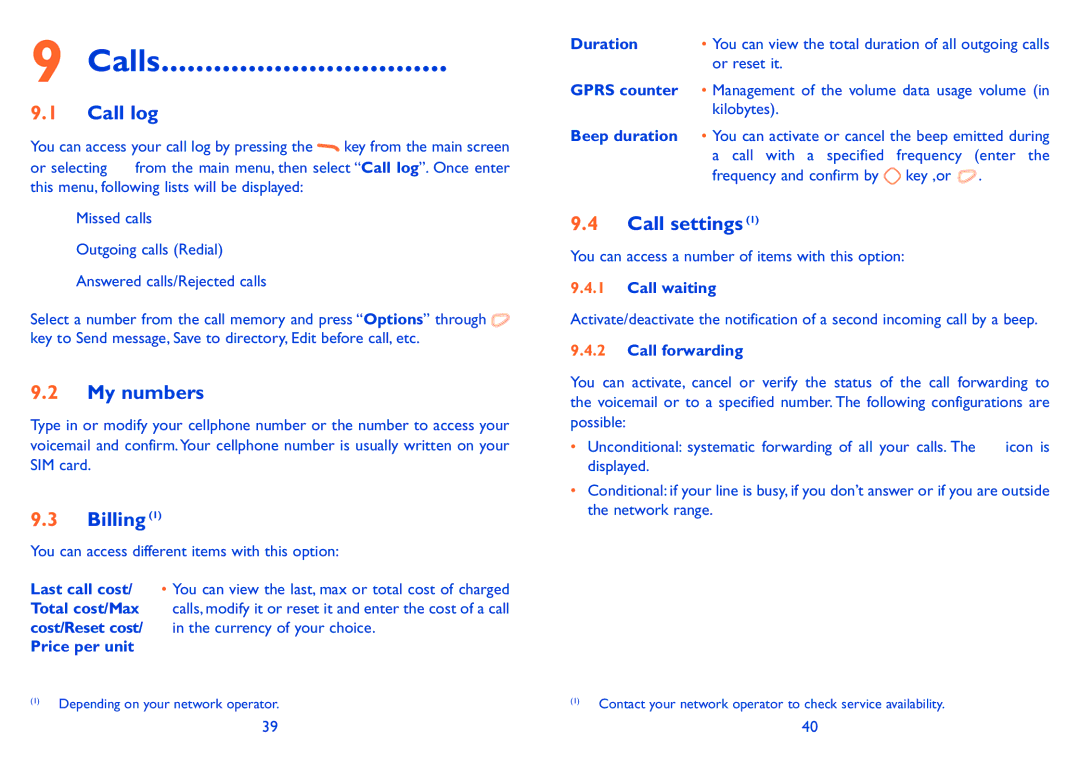 Alcatel 606A manual Calls, Call log, My numbers, Billing, Call settings 