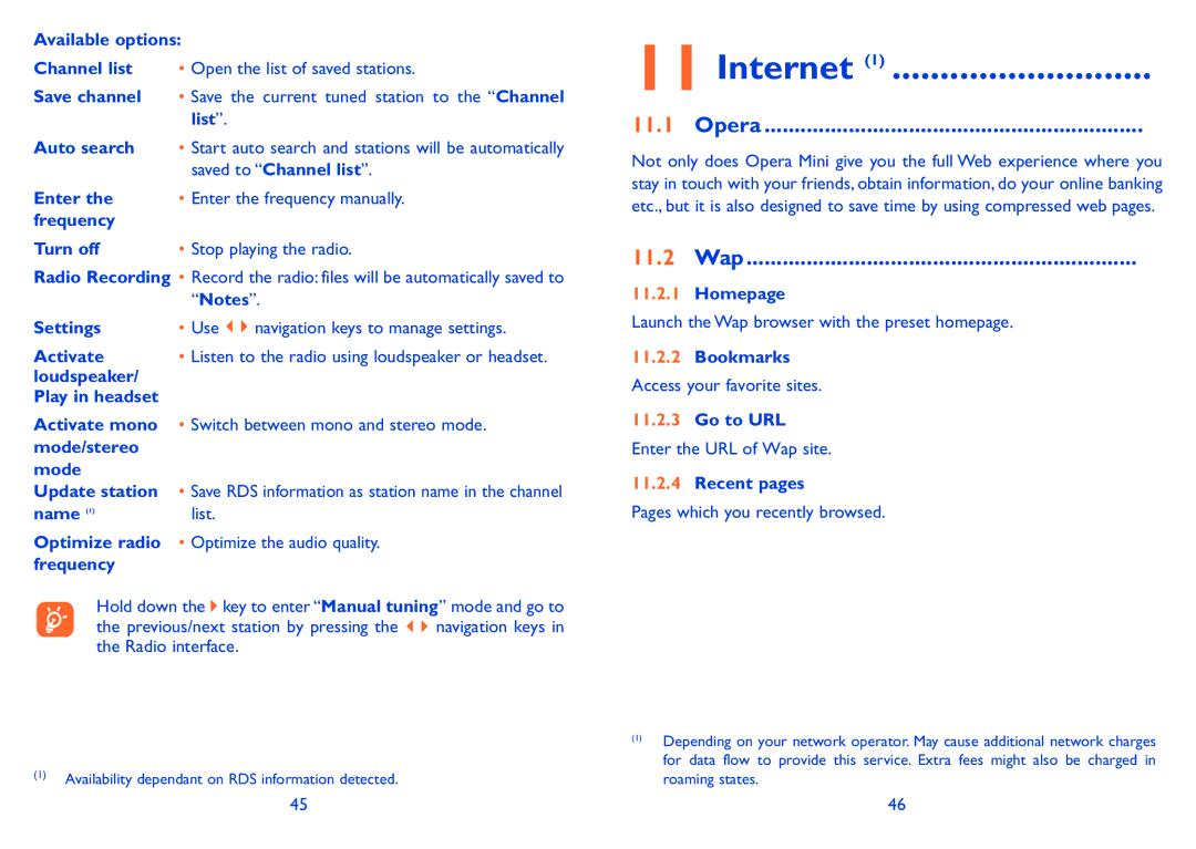 Alcatel 606A manual Internet, Opera, 11.2 Wap 