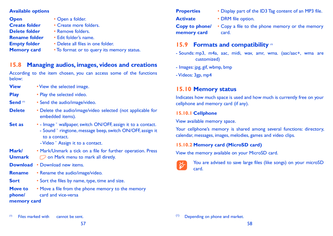 Alcatel 606A manual Managing audios, images, videos and creations, Formats and compatibility, Memory status 