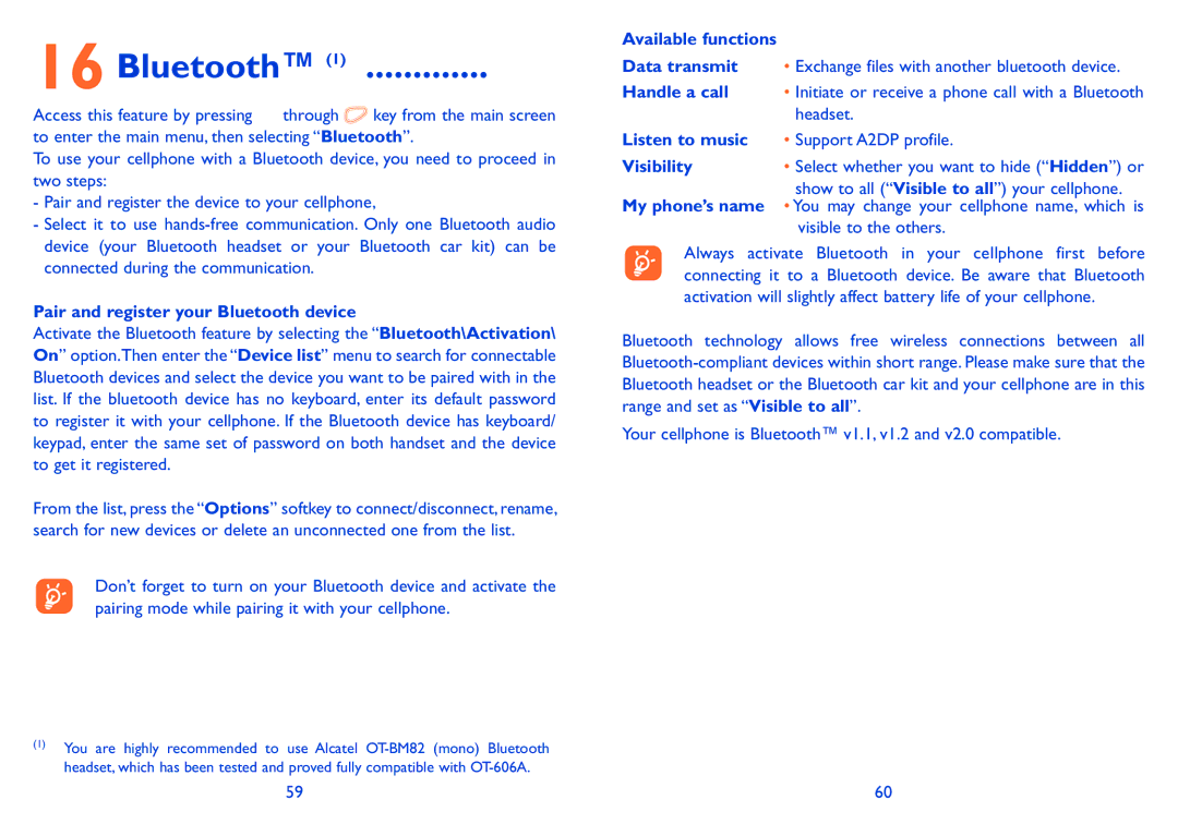 Alcatel 606A manual Bluetooth 