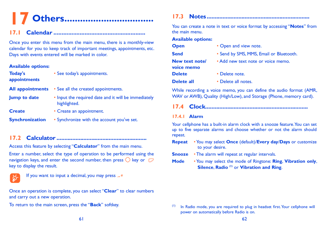 Alcatel 606A manual Others, Calendar, Calculator, Clock 