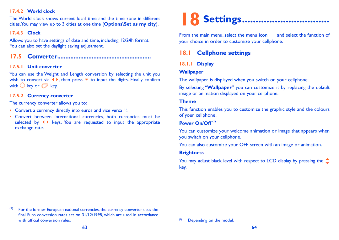 Alcatel 606A manual Settings, Converter, Cellphone settings 