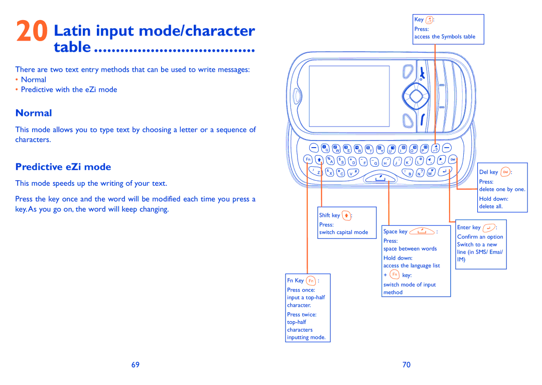 Alcatel 606A manual Latin input mode/character, Normal, Predictive eZi mode 