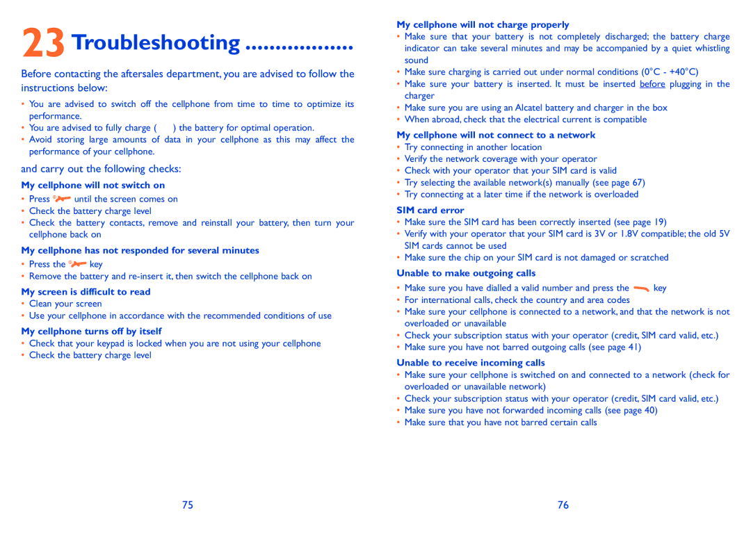 Alcatel 606A manual 23Troubleshooting, Carry out the following checks 