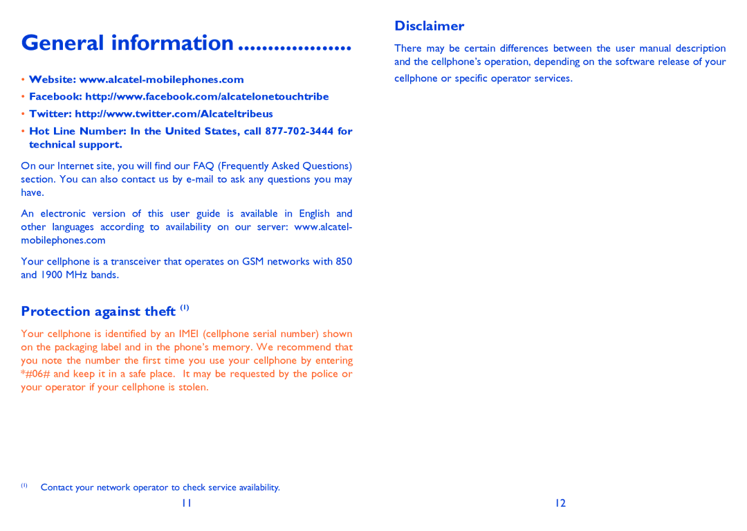 Alcatel 606A manual General information, Protection against theft, Disclaimer, Cellphone or specific operator services 