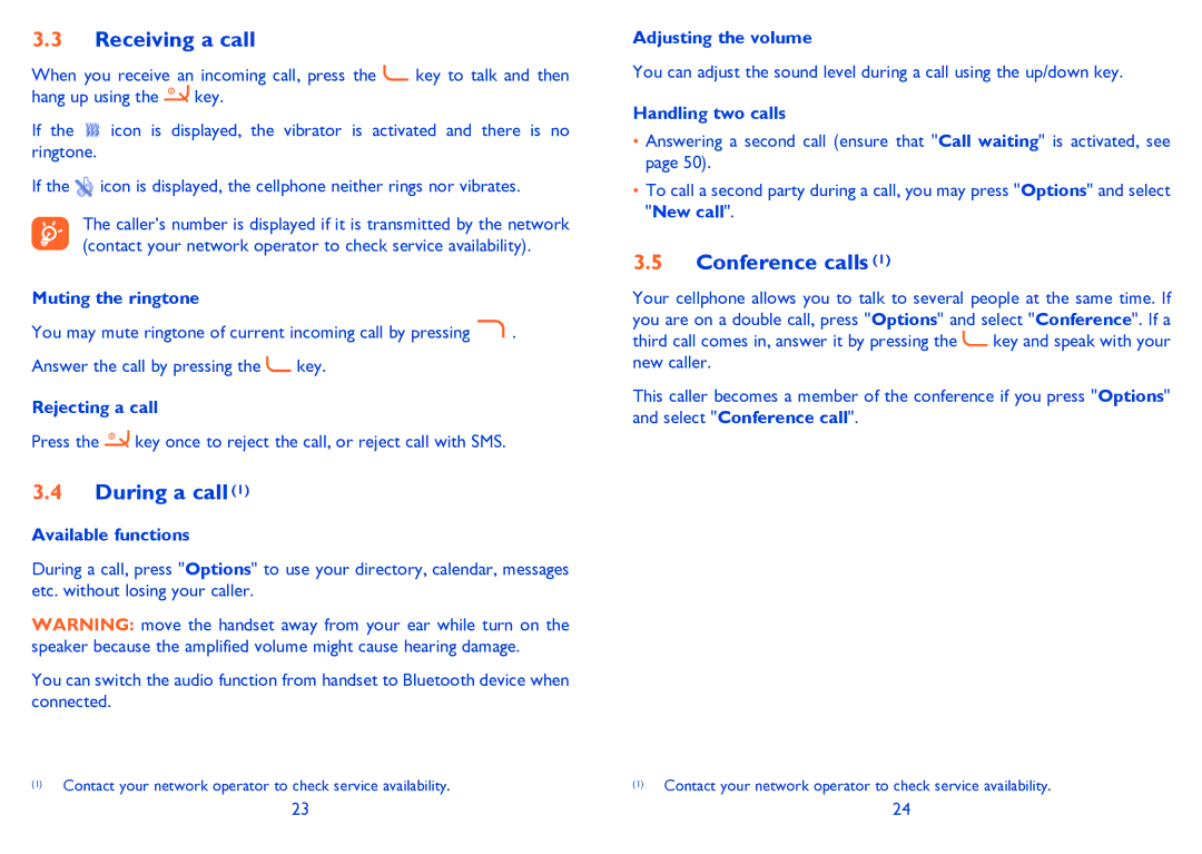 Alcatel 665A manual Receiving a call, During a call, Conference calls 
