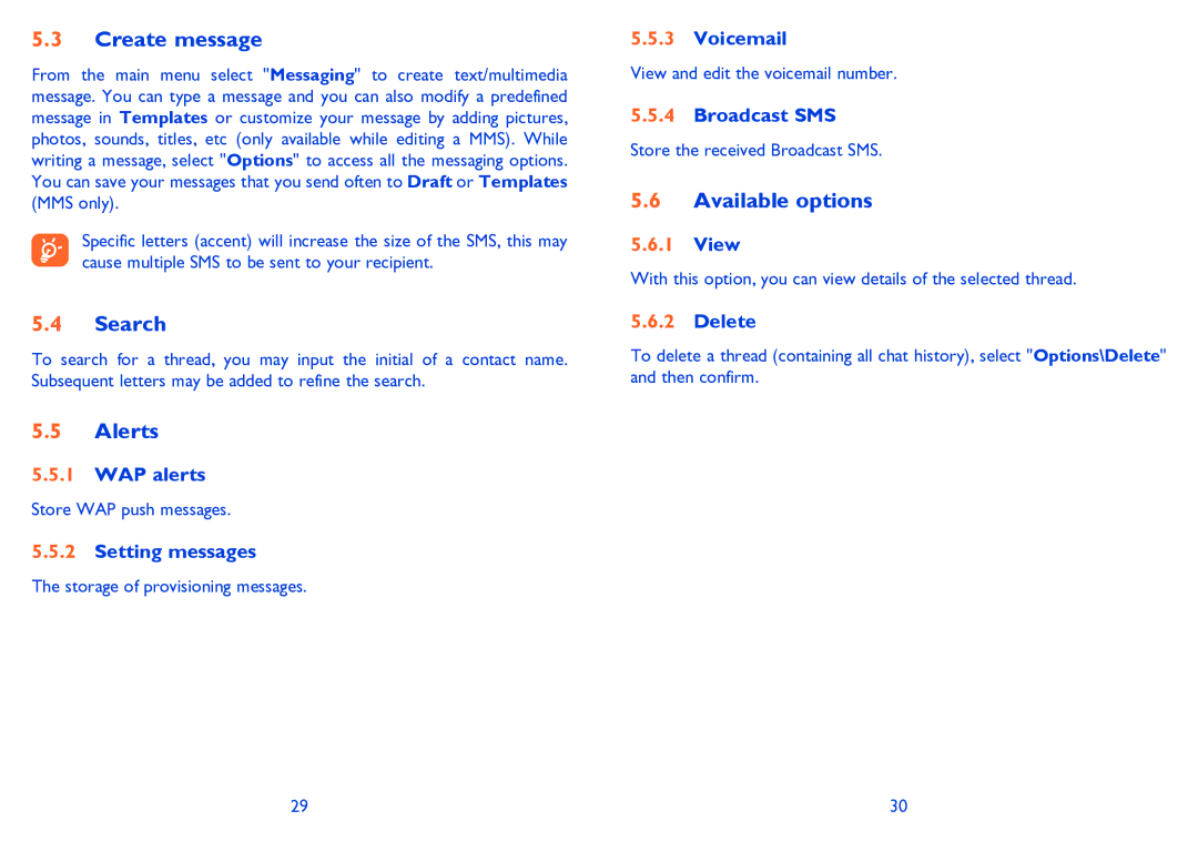 Alcatel 665A manual Create message, Search, Alerts 