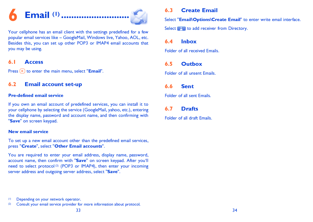 Alcatel 665A manual Email account set-up, Create Email, Inbox, Outbox, Sent, Drafts 