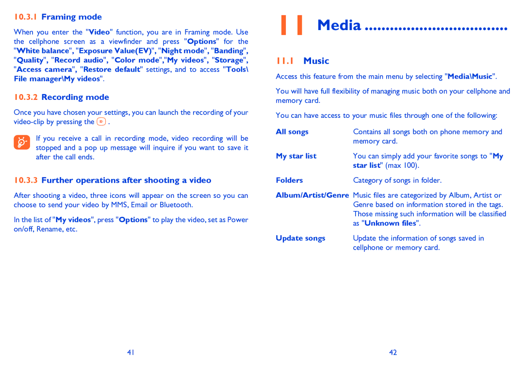 Alcatel 665A manual Media, Music, Framing mode, Recording mode, Further operations after shooting a video 