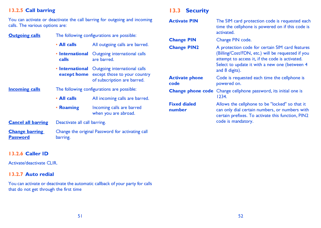 Alcatel 665A manual Security, Call barring, Caller ID, Auto redial 