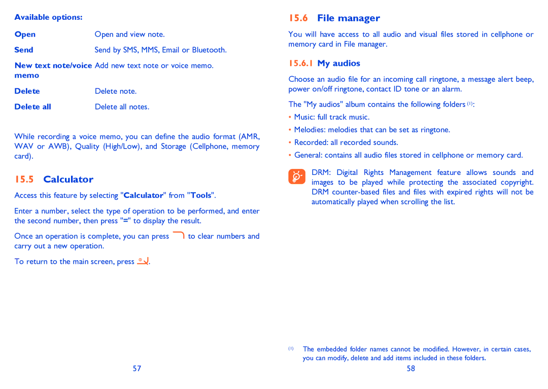 Alcatel 665A manual Calculator, File manager, My audios, Available options Open Open and view note Send 