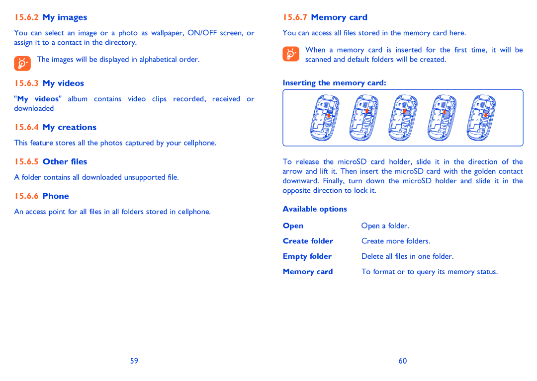 Alcatel 665A manual My images, My videos, My creations, Other files, Phone, Memory card 