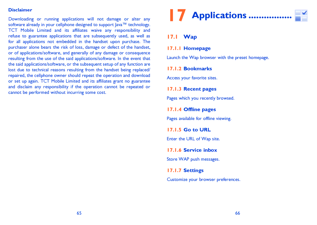 Alcatel 665A manual Applications, 17.1 Wap 