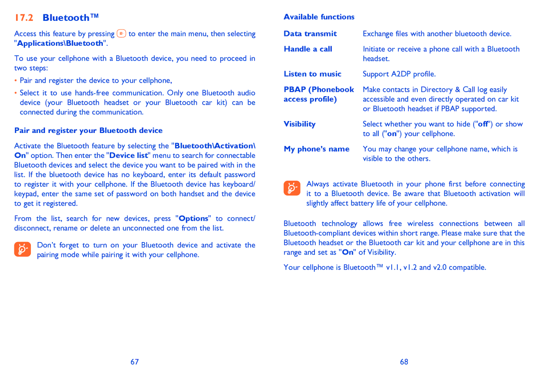 Alcatel 665A manual Pair and register your Bluetooth device, Available functions Data transmit, Handle a call, Visibility 