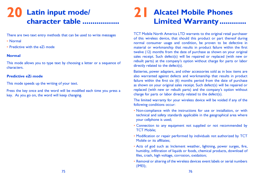 Alcatel 665A manual Latin input mode Character table, Alcatel Mobile Phones Limited Warranty, Normal, Predictive eZi mode 