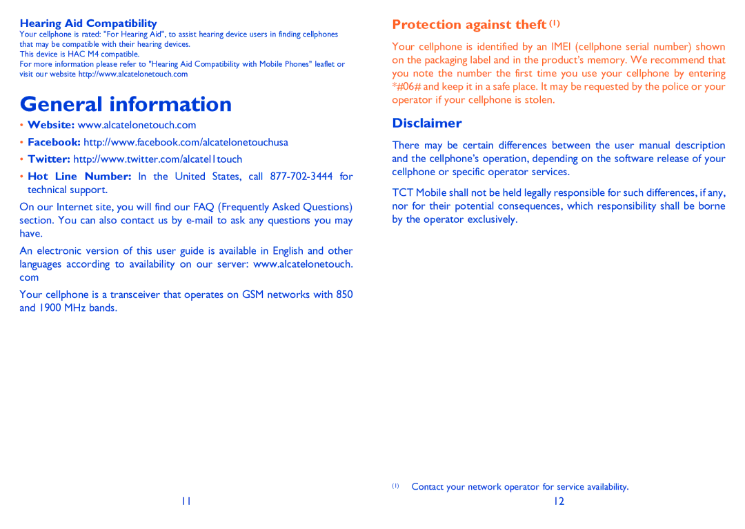 Alcatel 665A manual General information, Disclaimer, Hearing Aid Compatibility 