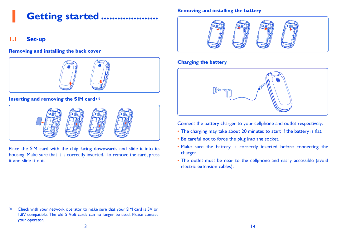 Alcatel 665A manual Getting started, Set-up, Removing and installing the battery Charging the battery 